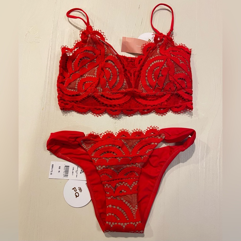 PQ Swim Sweetheart Lace Bralette Fanned Lace Bottom Bikini Set NWT Crimson Red